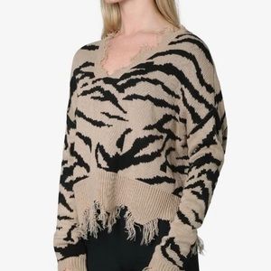 Polly & Esther Animal Print Distressed Cropped Sweater